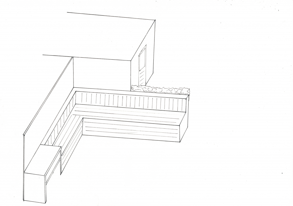 Schets maatwerk bank voor in de tuin